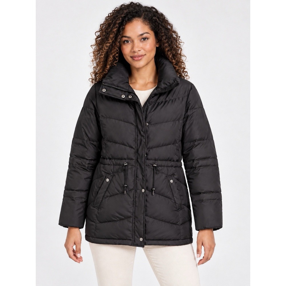 Kenneth Cole Reaction Women's Black Mid-Length Puffer Jacket Zip/Snap Pockets M